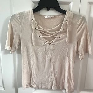 Beige lace up front crop top